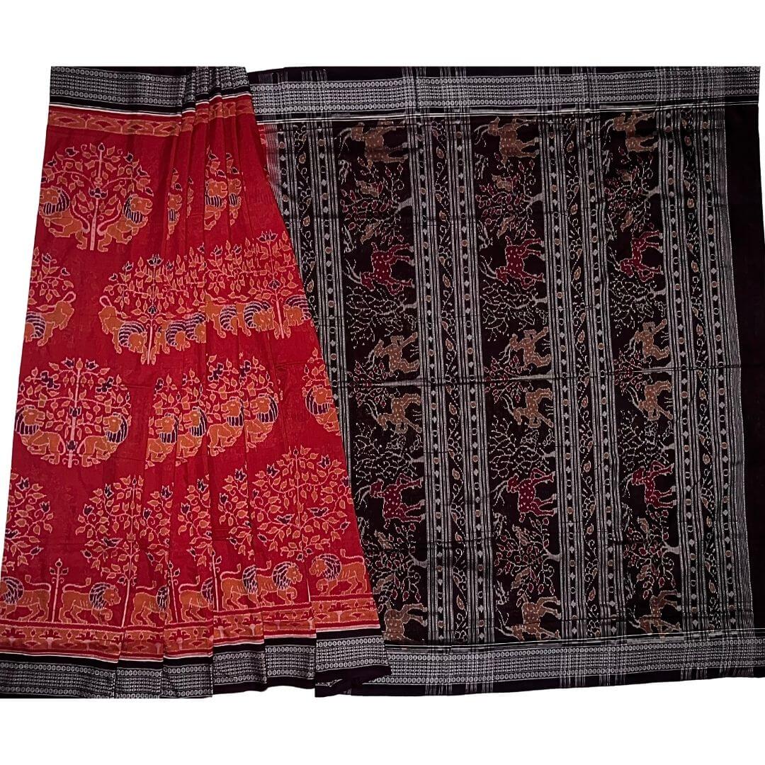Handwoven Pure Cotton | Sambalpuri Saree - Dark Red Colour