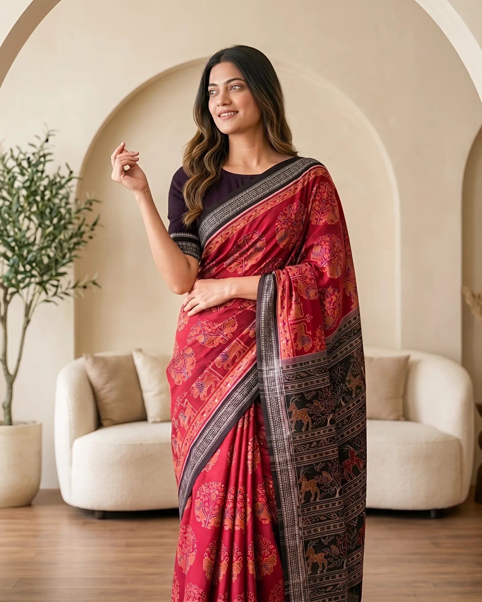 Handwoven Pure Cotton | Sambalpuri Saree - Dark Red Colour