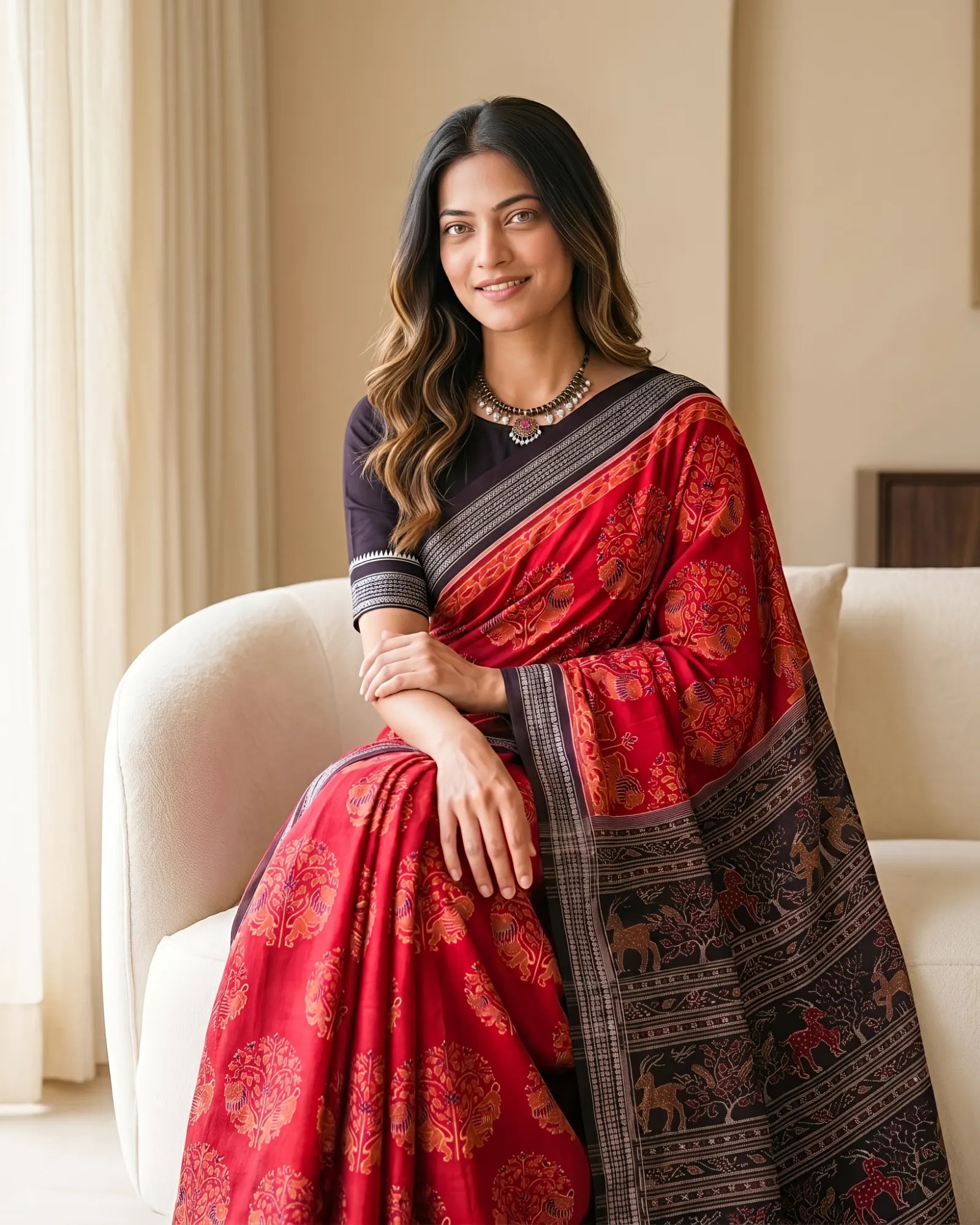Handwoven Pure Cotton | Sambalpuri Saree - Dark Red Colour