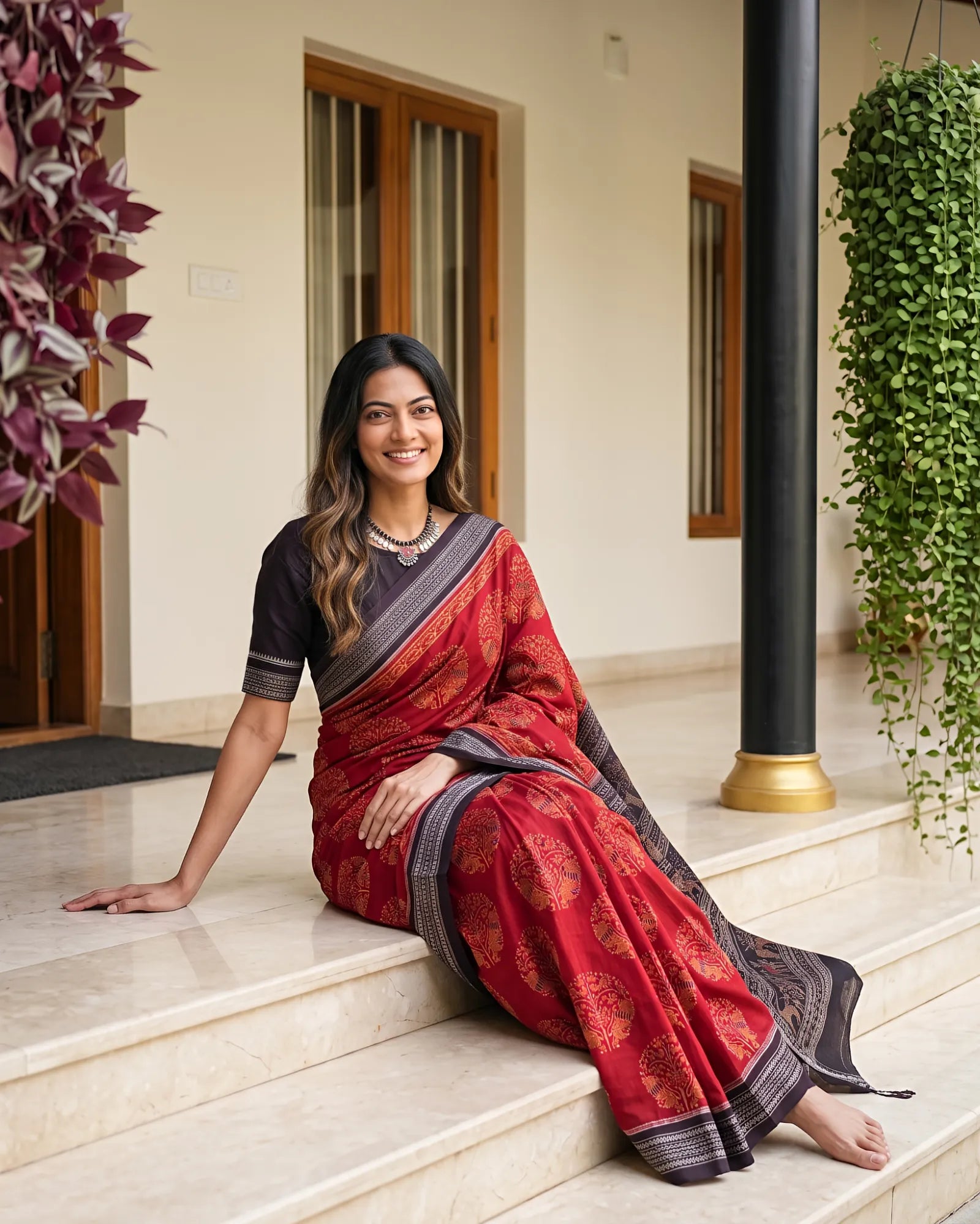 Handwoven Pure Cotton | Sambalpuri Saree - Dark Red Colour