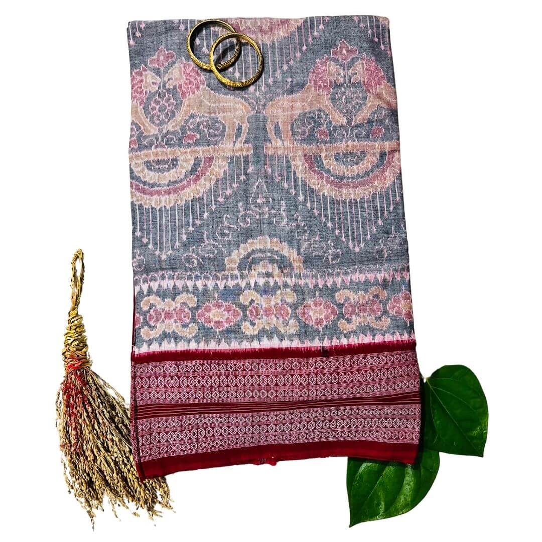Handwoven Pure Cotton | Sambalpuri Saree - Light Grey Mix Colour - Taalapatra Vibes