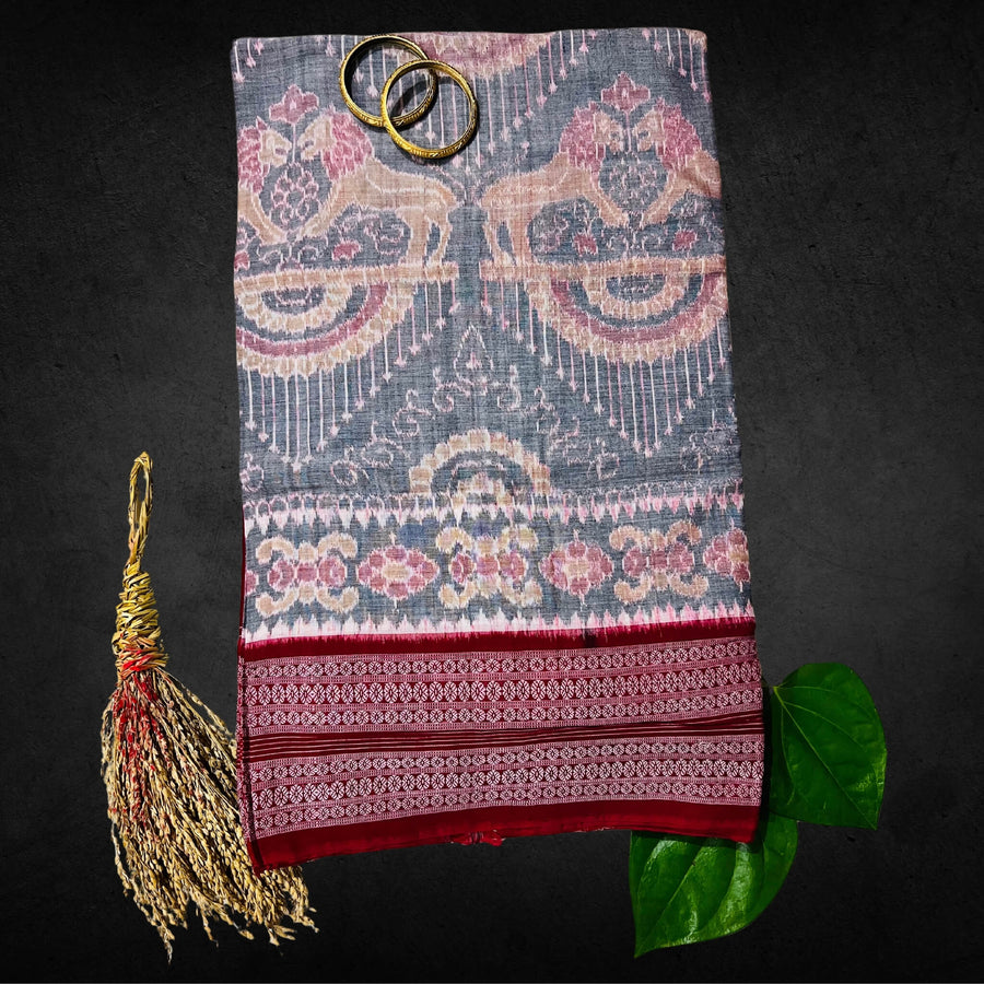 Handwoven Pure Cotton | Sambalpuri Saree - Light Grey Mix Colour - Taalapatra
