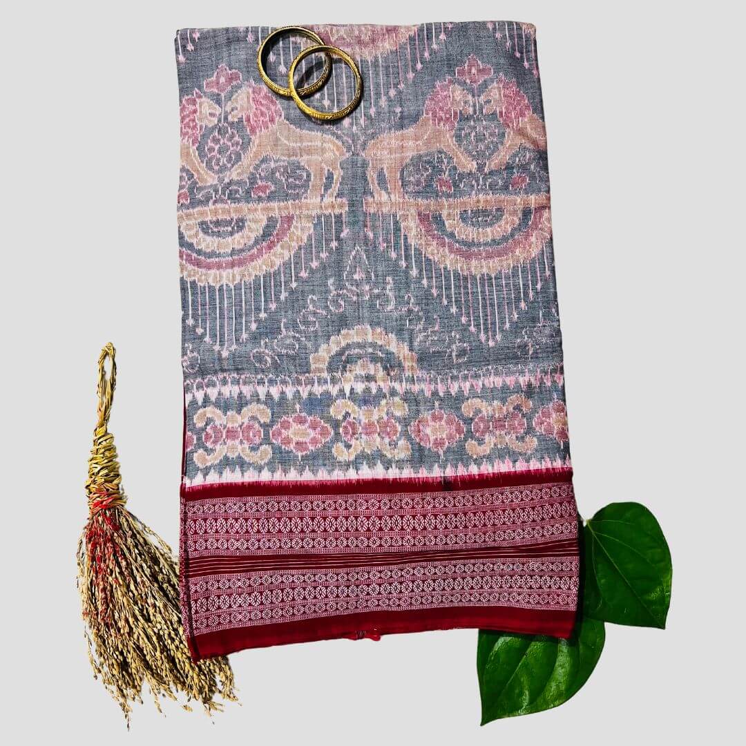 Handwoven Pure Cotton | Sambalpuri Saree - Light Grey Mix Colour - Taalapatra