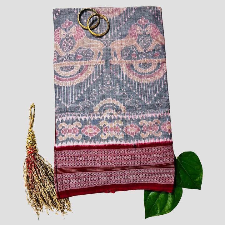 Handwoven Pure Cotton | Sambalpuri Saree - Light Grey Mix Colour - Taalapatra