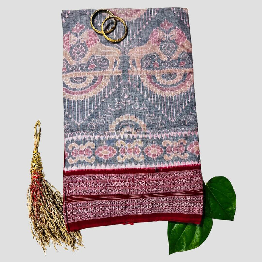 Handwoven Pure Cotton | Sambalpuri Saree - Light Grey Mix Colour - Taalapatra