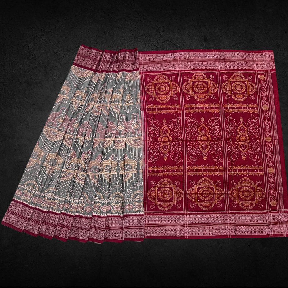 Handwoven Pure Cotton | Sambalpuri Saree - Light Grey Mix Colour - Taalapatra