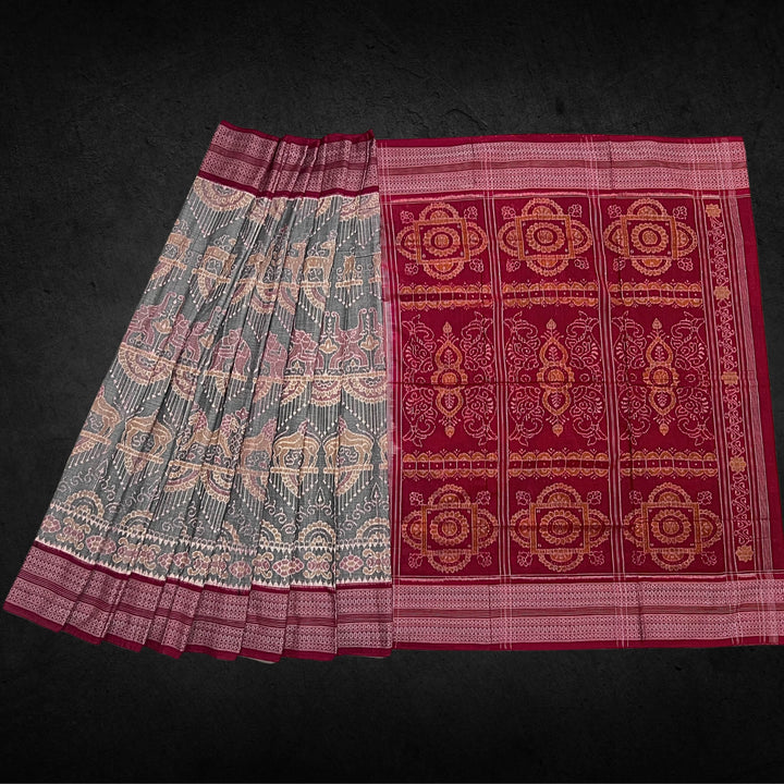 Handwoven Pure Cotton | Sambalpuri Saree - Light Grey Mix Colour - Taalapatra