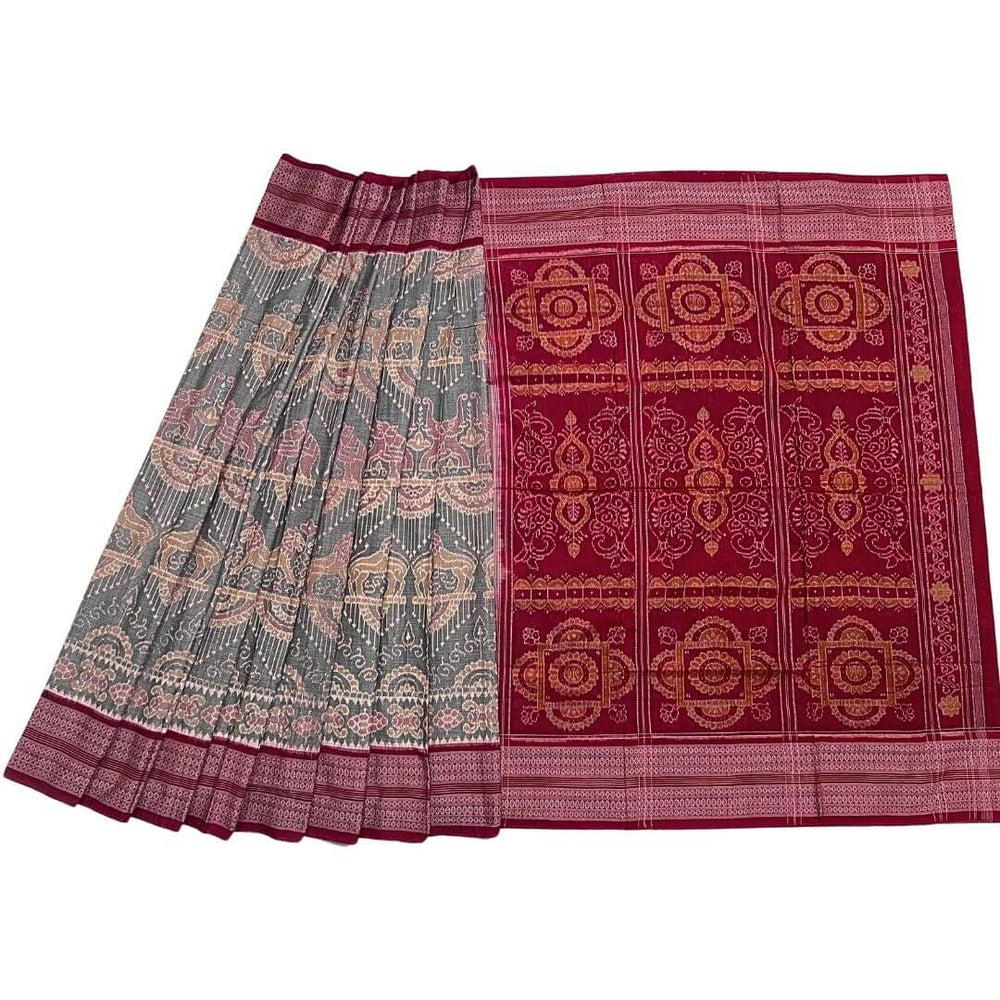 Handwoven Pure Cotton | Sambalpuri Saree - Light Grey Mix Colour - Taalapatra Vibes
