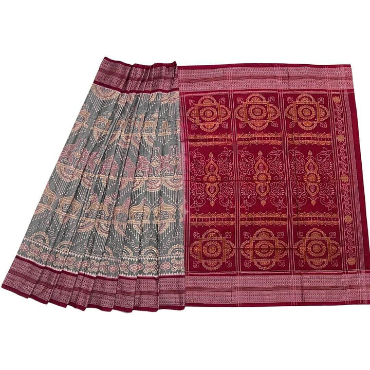 Handwoven Pure Cotton | Sambalpuri Saree - Light Grey Mix Colour - Taalapatra Vibes