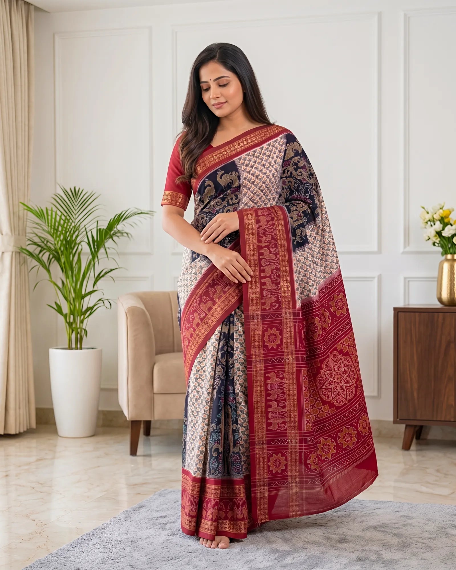 Handwoven Pure Cotton | Sambalpuri Saree - Deep Blue Mix Colour
