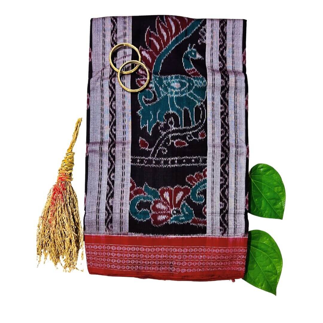 Handwoven Pure Cotton | Sambalpuri Saree - Grey and Dark Chocolate Colour - Taalapatra Vibes