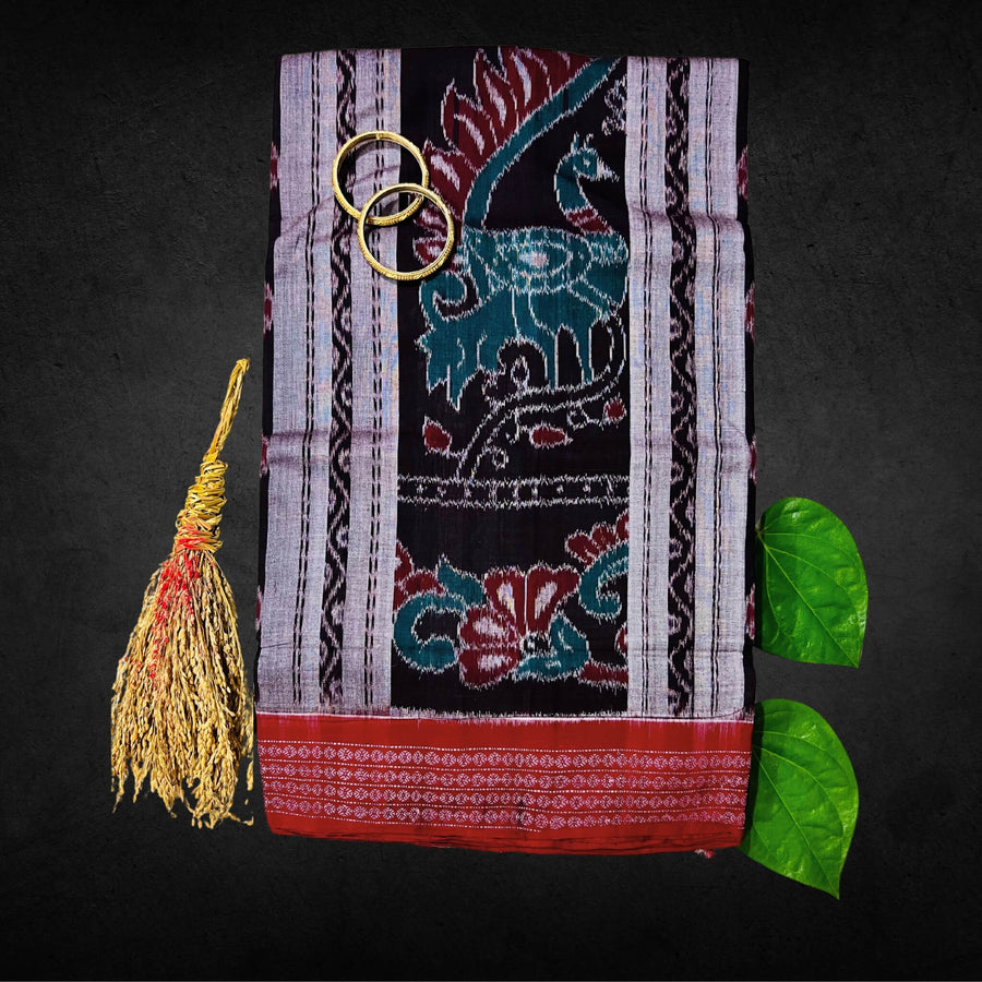 Handwoven Pure Cotton | Sambalpuri Saree - Grey and Dark Chocolate Colour - Taalapatra