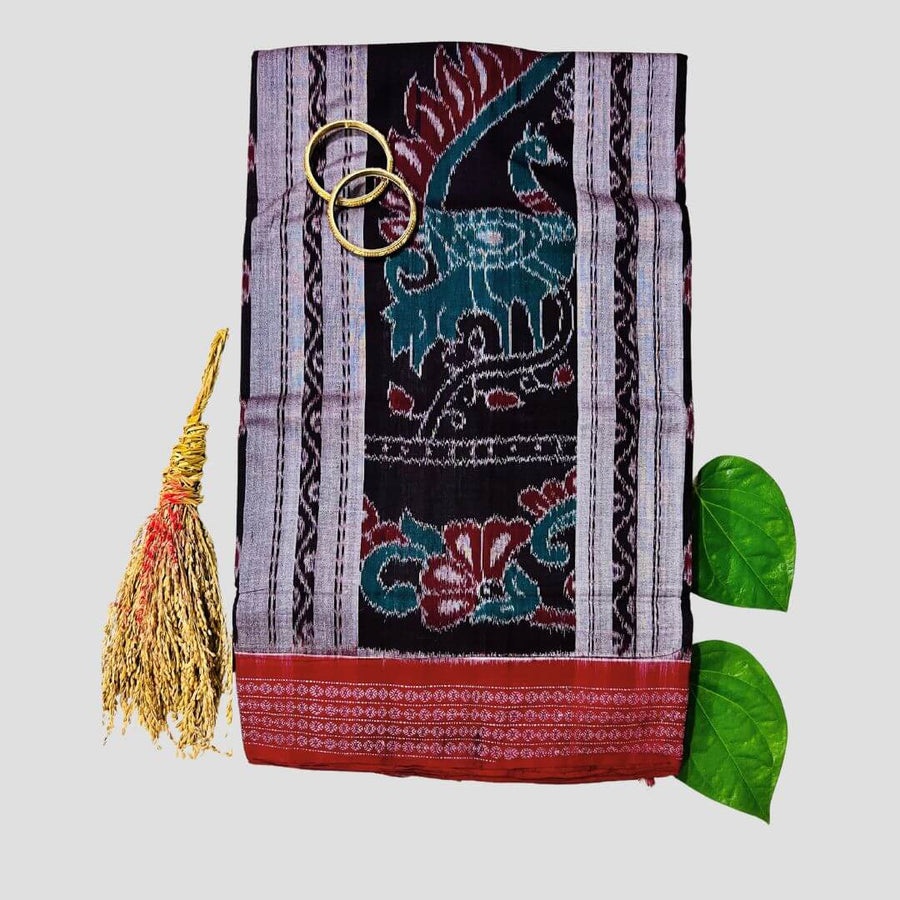 Handwoven Pure Cotton | Sambalpuri Saree - Grey and Dark Chocolate Colour - Taalapatra