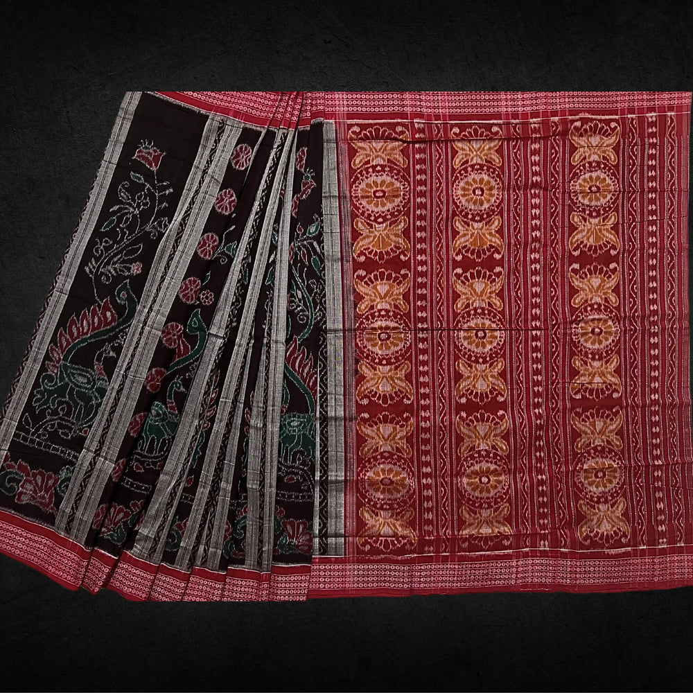 Handwoven Pure Cotton | Sambalpuri Saree - Grey and Dark Chocolate Colour - Taalapatra