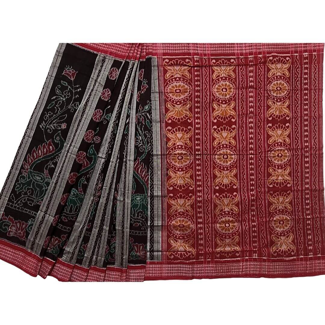 Handwoven Pure Cotton | Sambalpuri Saree - Grey and Dark Chocolate Colour - Taalapatra Vibes