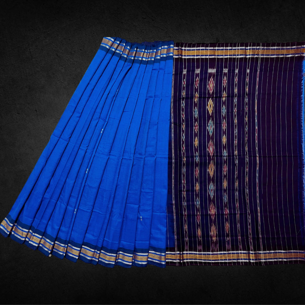 Handwoven Pure Cotton | Sambalpuri Saree - Copper Sulphate Blue Colour - Taalapatra