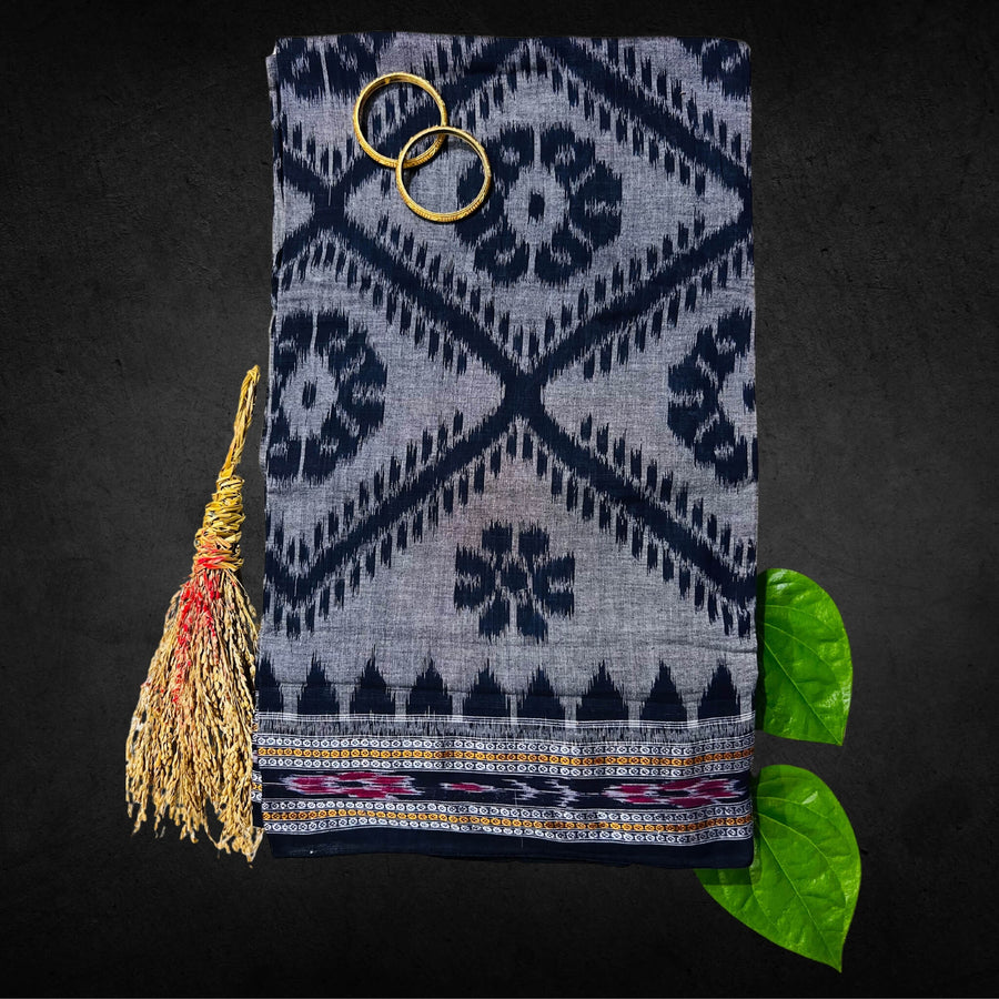 Handwoven Pure Cotton | Sambalpuri Saree - Grey Colour - Taalapatra