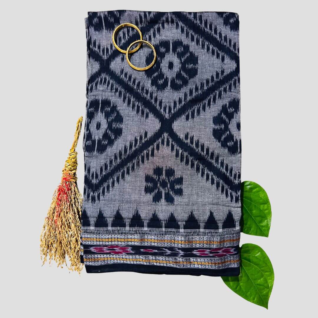 Handwoven Pure Cotton | Sambalpuri Saree - Grey Colour - Taalapatra