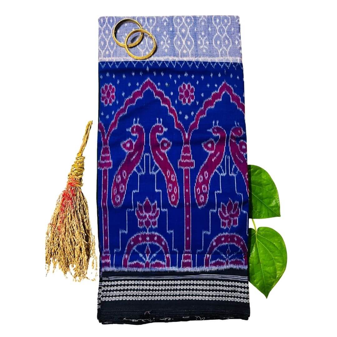 Handwoven Pure Cotton | Sambalpuri Saree - Blue and Grey Colour - Taalapatra Vibes