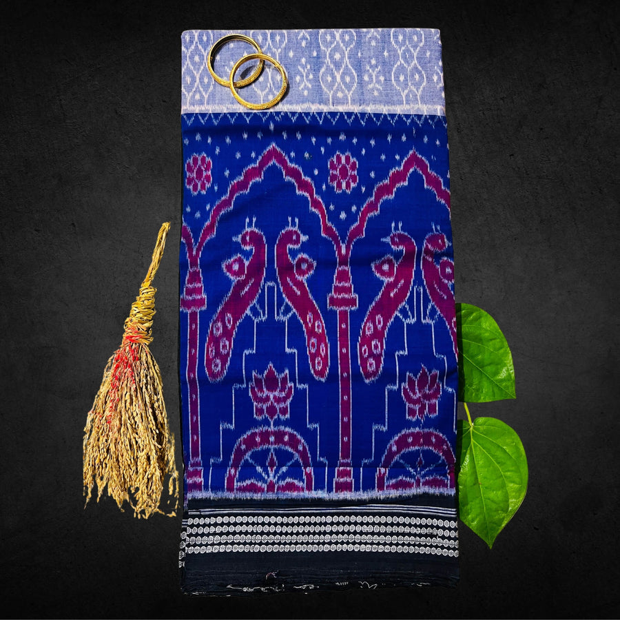 Handwoven Pure Cotton | Sambalpuri Saree - Blue and Grey Colour - Taalapatra