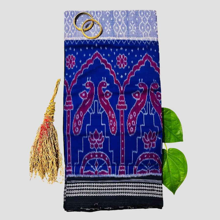 Handwoven Pure Cotton | Sambalpuri Saree - Blue and Grey Colour - Taalapatra
