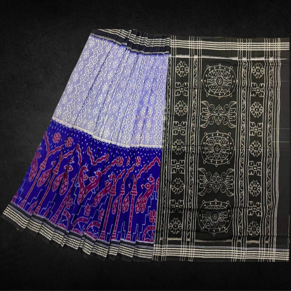 Handwoven Pure Cotton | Sambalpuri Saree - Blue and Grey Colour - Taalapatra