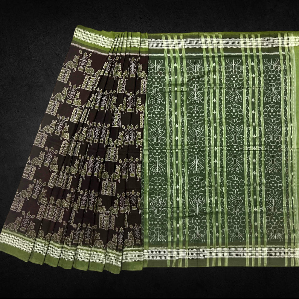 Handwoven Pure Cotton | Sambalpuri Saree - Dark Chocolate Colour - Taalapatra