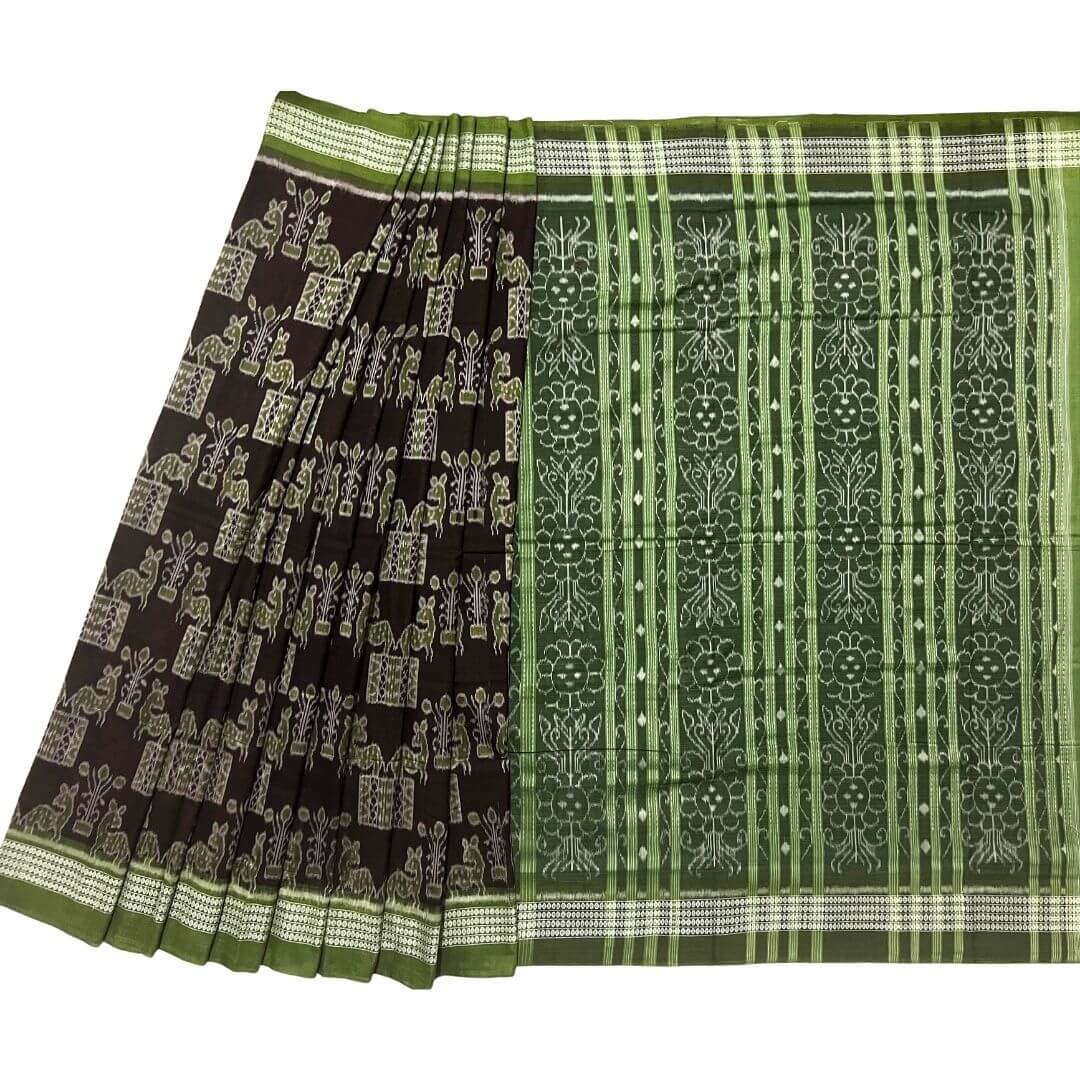 Handwoven Pure Cotton | Sambalpuri Saree - Dark Chocolate Colour - Taalapatra Vibes