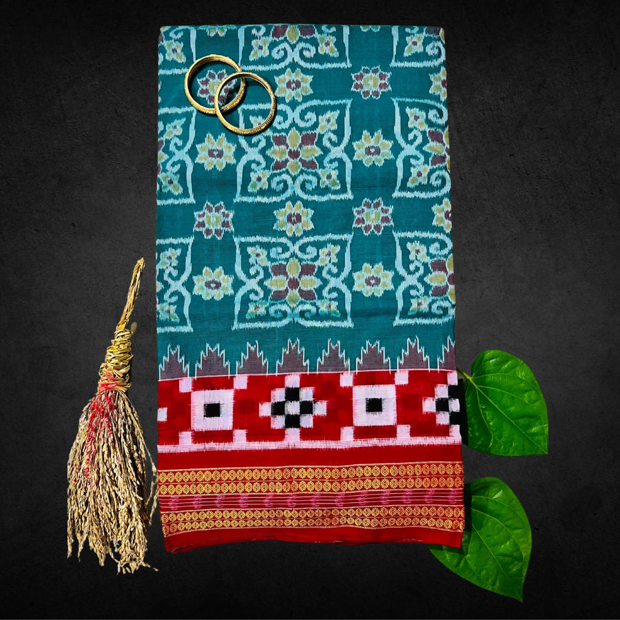 Handwoven Pure Cotton | Sambalpuri Saree - Green Colour - Taalapatra