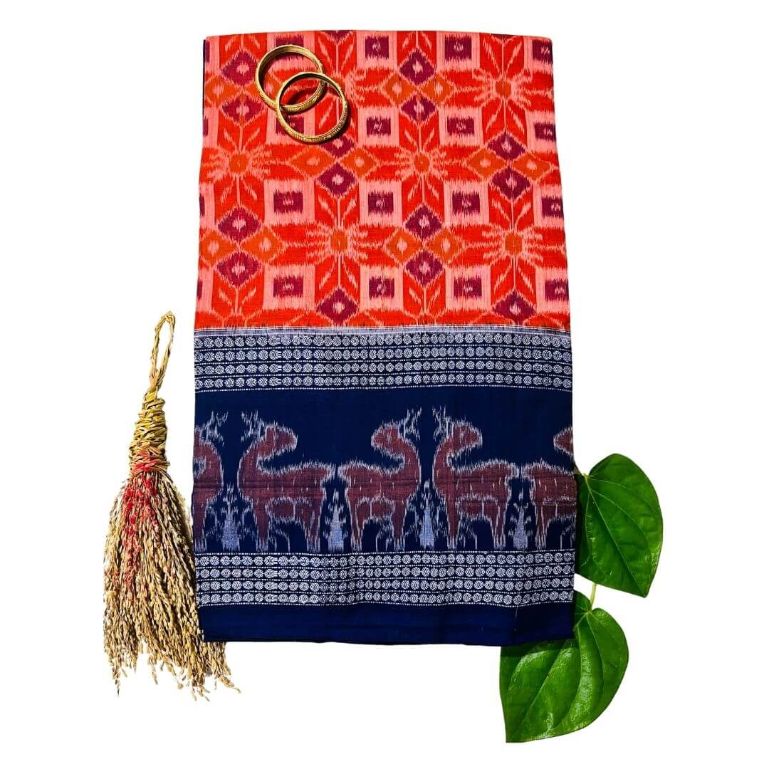 Handwoven Pure Cotton | Sambalpuri Saree - Orange Colour - Taalapatra Vibes