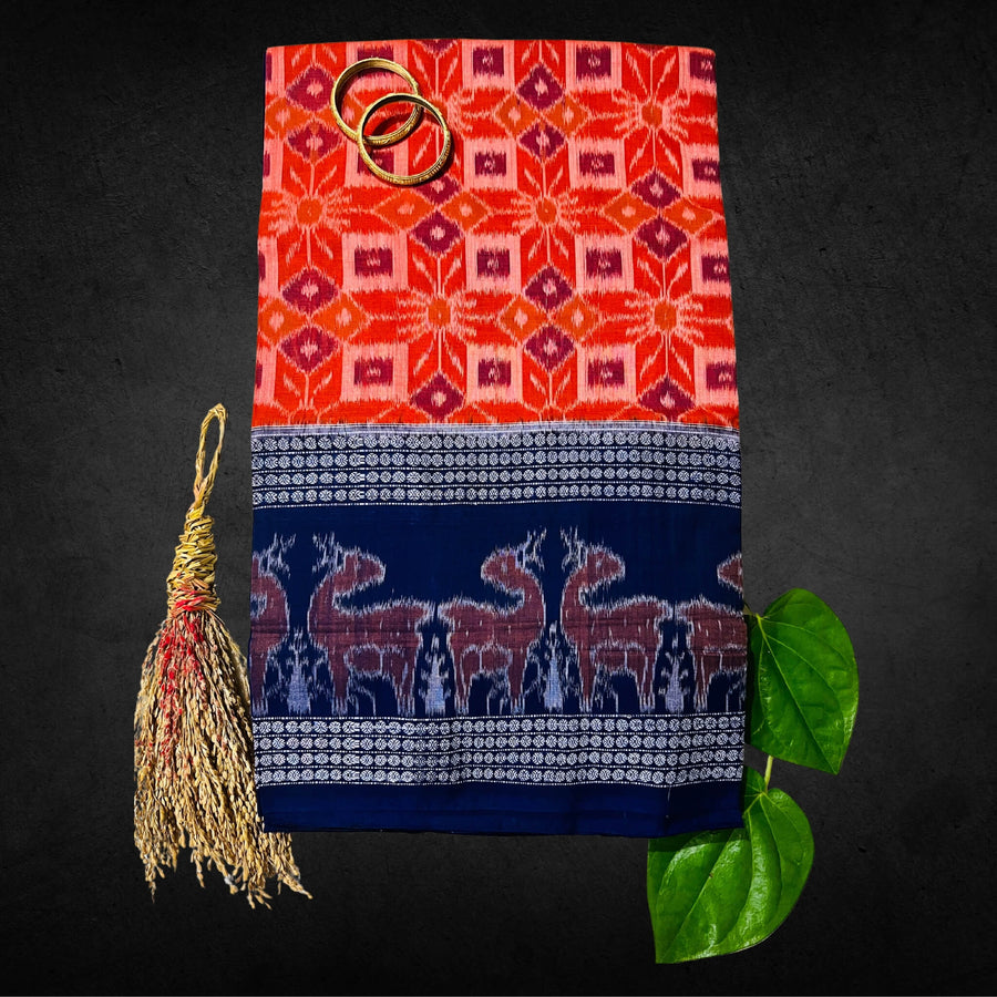 Handwoven Pure Cotton | Sambalpuri Saree - Orange Colour - Taalapatra