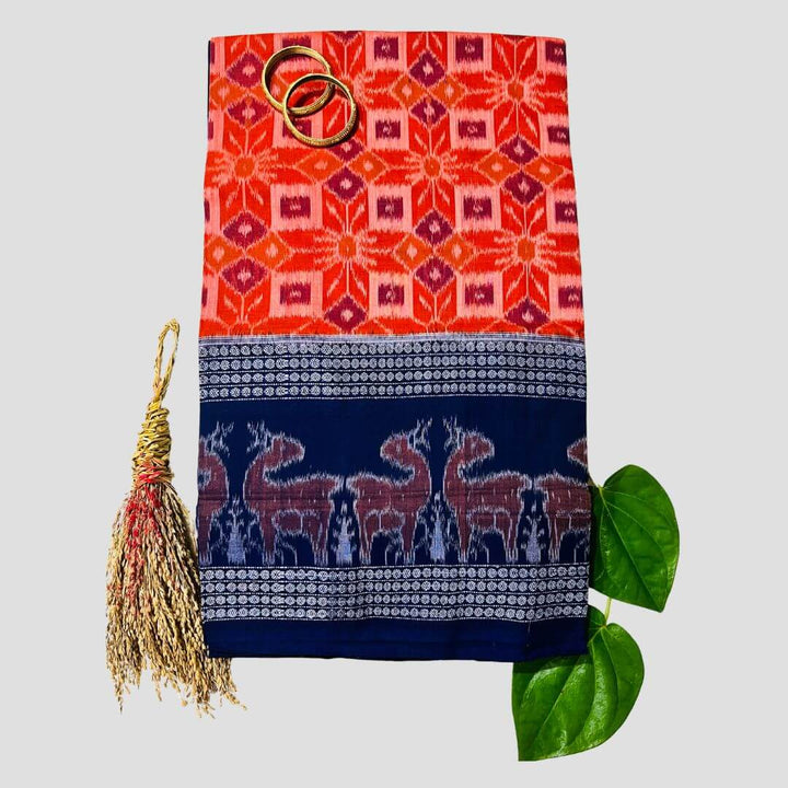 Handwoven Pure Cotton | Sambalpuri Saree - Orange Colour - Taalapatra