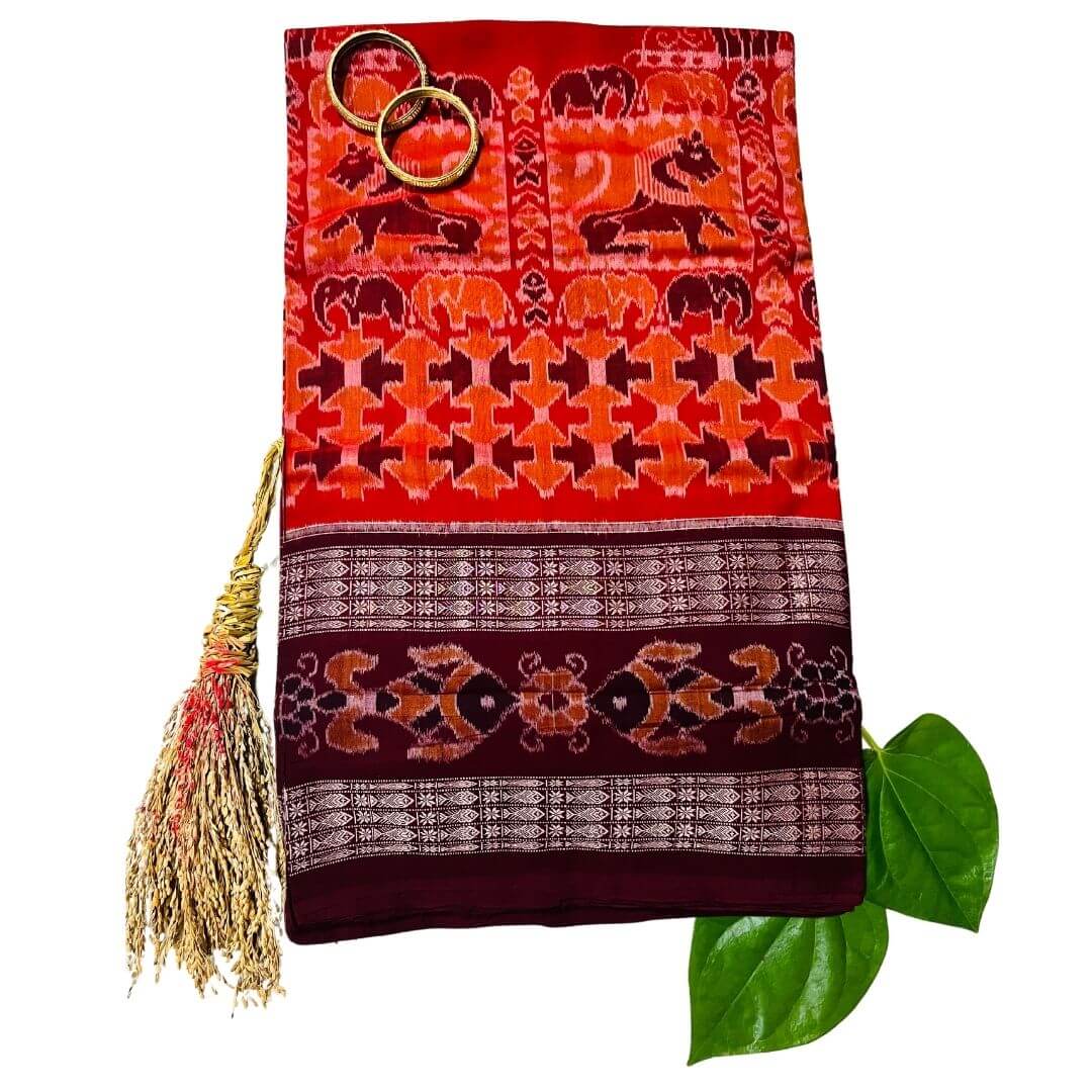 Handwoven Pure Cotton | Sambalpuri Saree - Brick Red Colour - Taalapatra Vibes
