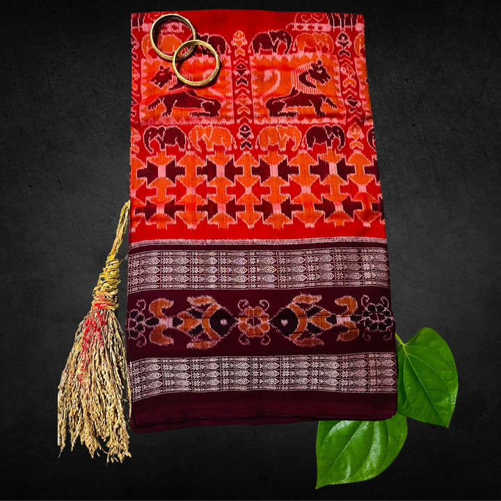Handwoven Pure Cotton | Sambalpuri Saree - Brick Red Colour - Taalapatra