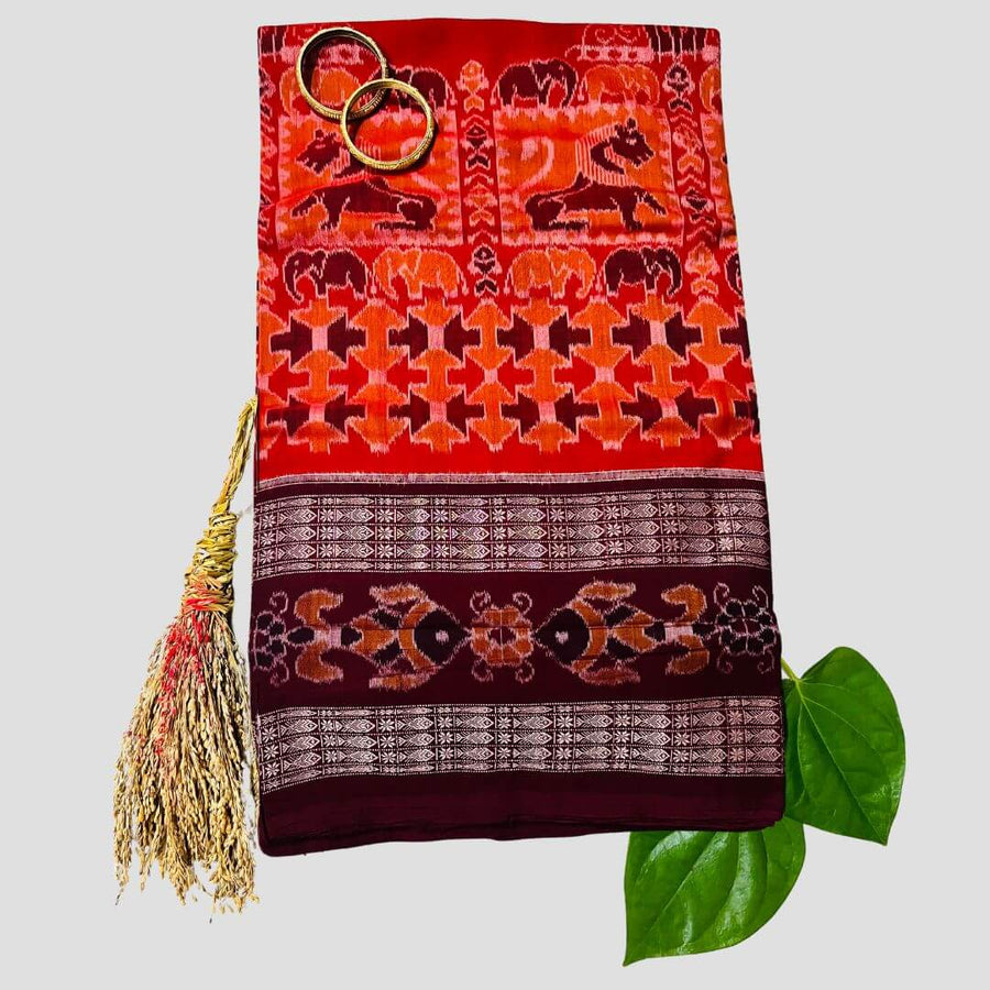 Handwoven Pure Cotton | Sambalpuri Saree - Brick Red Colour - Taalapatra