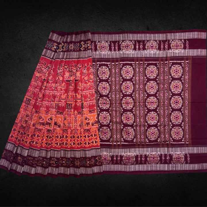Handwoven Pure Cotton | Sambalpuri Saree - Brick Red Colour - Taalapatra