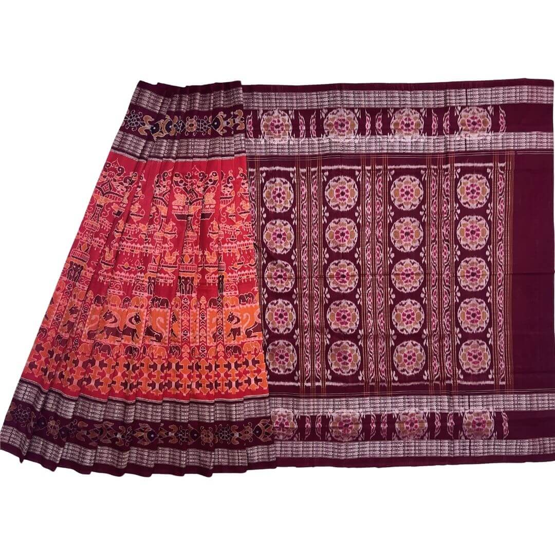 Handwoven Pure Cotton | Sambalpuri Saree - Brick Red Colour - Taalapatra Vibes