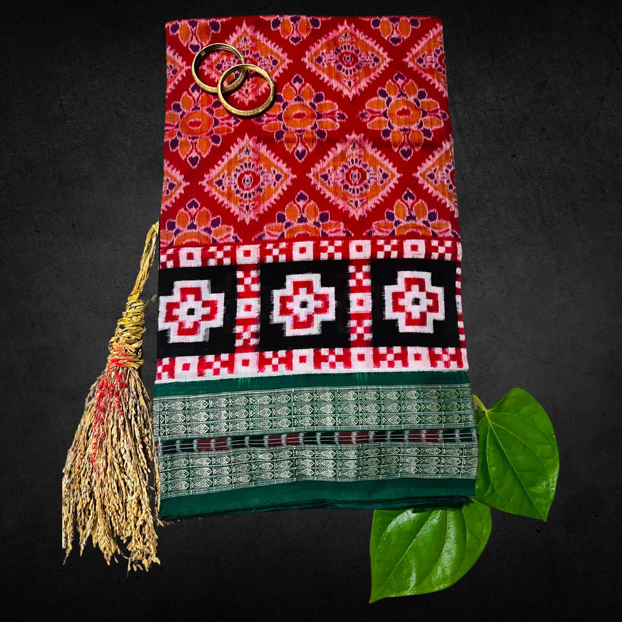 Handwoven Pure Cotton | Sambalpuri Saree - Red Colour - Taalapatra
