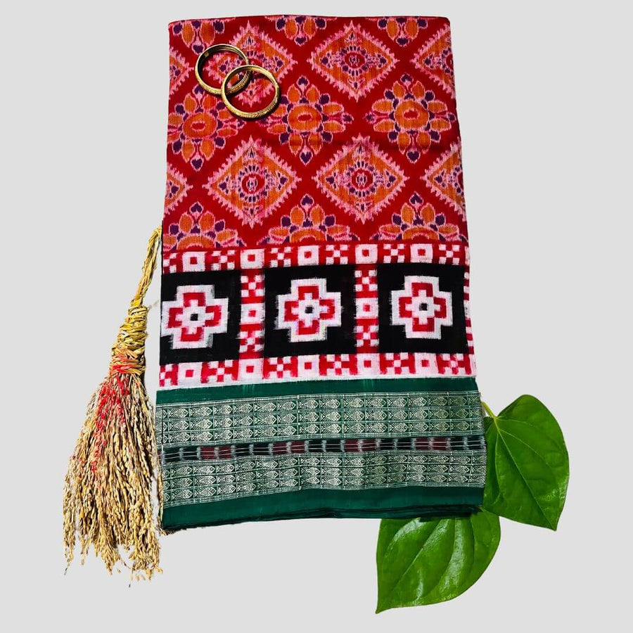 Handwoven Pure Cotton | Sambalpuri Saree - Red Colour - Taalapatra