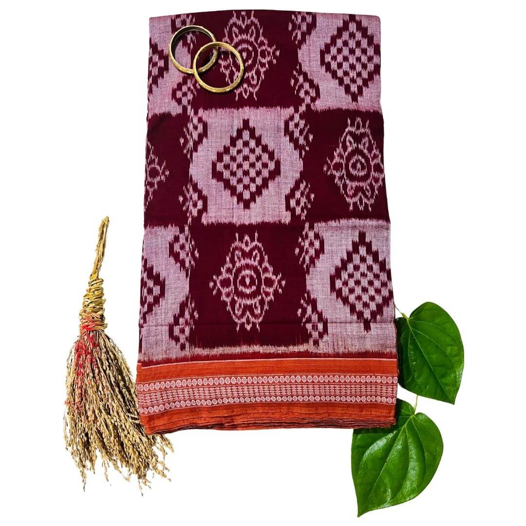 Handwoven Pure Cotton | Sambalpuri Saree - Light Grey and Maroon Colour - Taalapatra Vibes