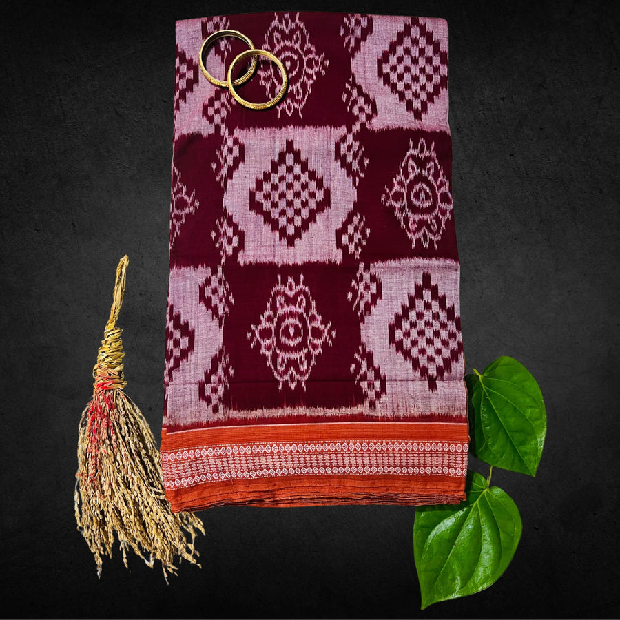 Handwoven Pure Cotton | Sambalpuri Saree - Light Grey and Maroon Colour - Taalapatra