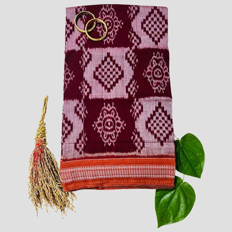 Handwoven Pure Cotton | Sambalpuri Saree - Light Grey and Maroon Colour - Taalapatra