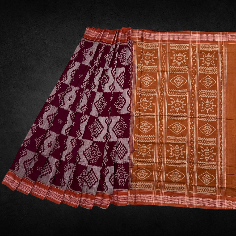 Handwoven Pure Cotton | Sambalpuri Saree - Light Grey and Maroon Colour - Taalapatra