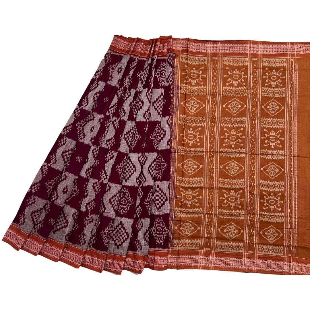 Handwoven Pure Cotton | Sambalpuri Saree - Light Grey and Maroon Colour - Taalapatra Vibes