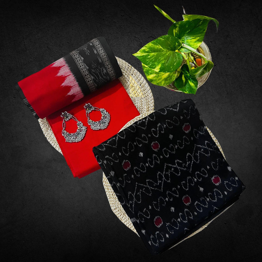 Sambalpuri Pure Cotton | Dress Set (3 Pieces) - Black and Red - Taalapatra