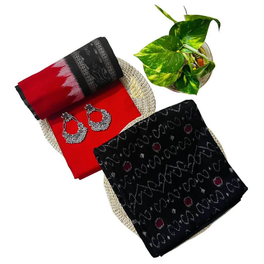 Sambalpuri Pure Cotton | Dress Set (3 Pieces) - Black and Red - Taalapatra