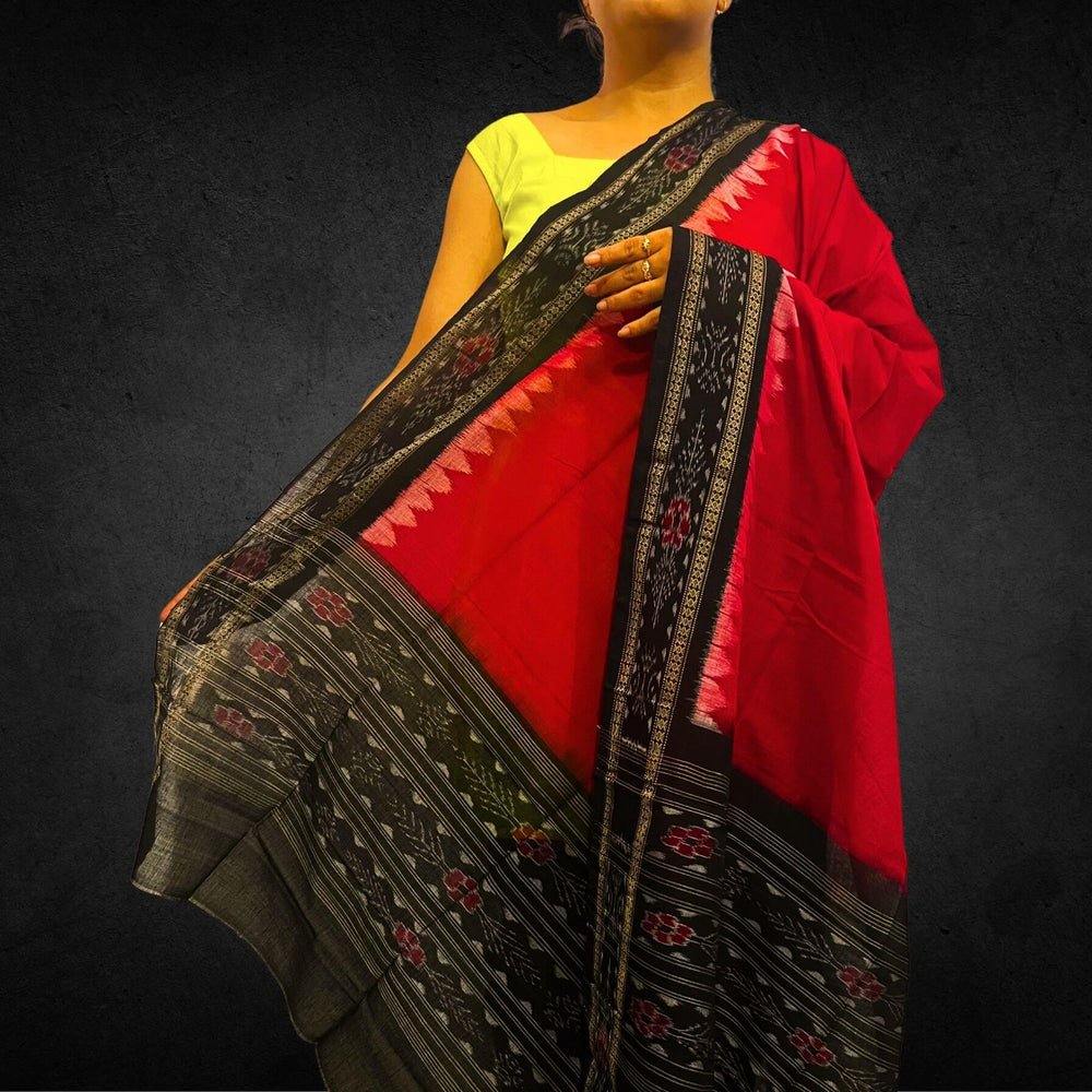 Sambalpuri Pure Cotton | Dress Set (3 Pieces) - Black and Red - Taalapatra