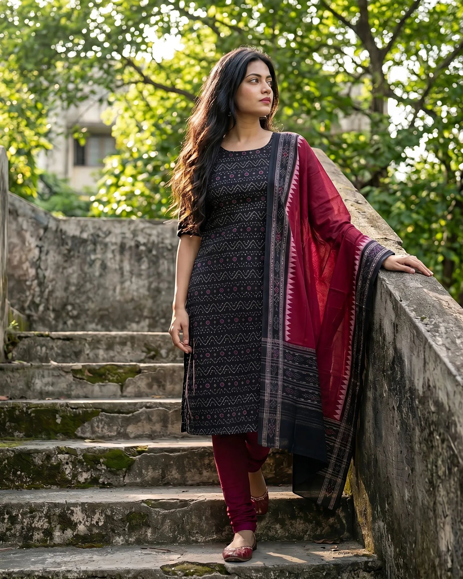 Sambalpuri Pure Cotton | Unstitched Dress Set (3 Pieces) - Black and Red