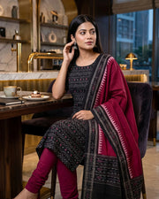 Sambalpuri Pure Cotton | Unstitched Dress Set (3 Pieces) - Black and Red