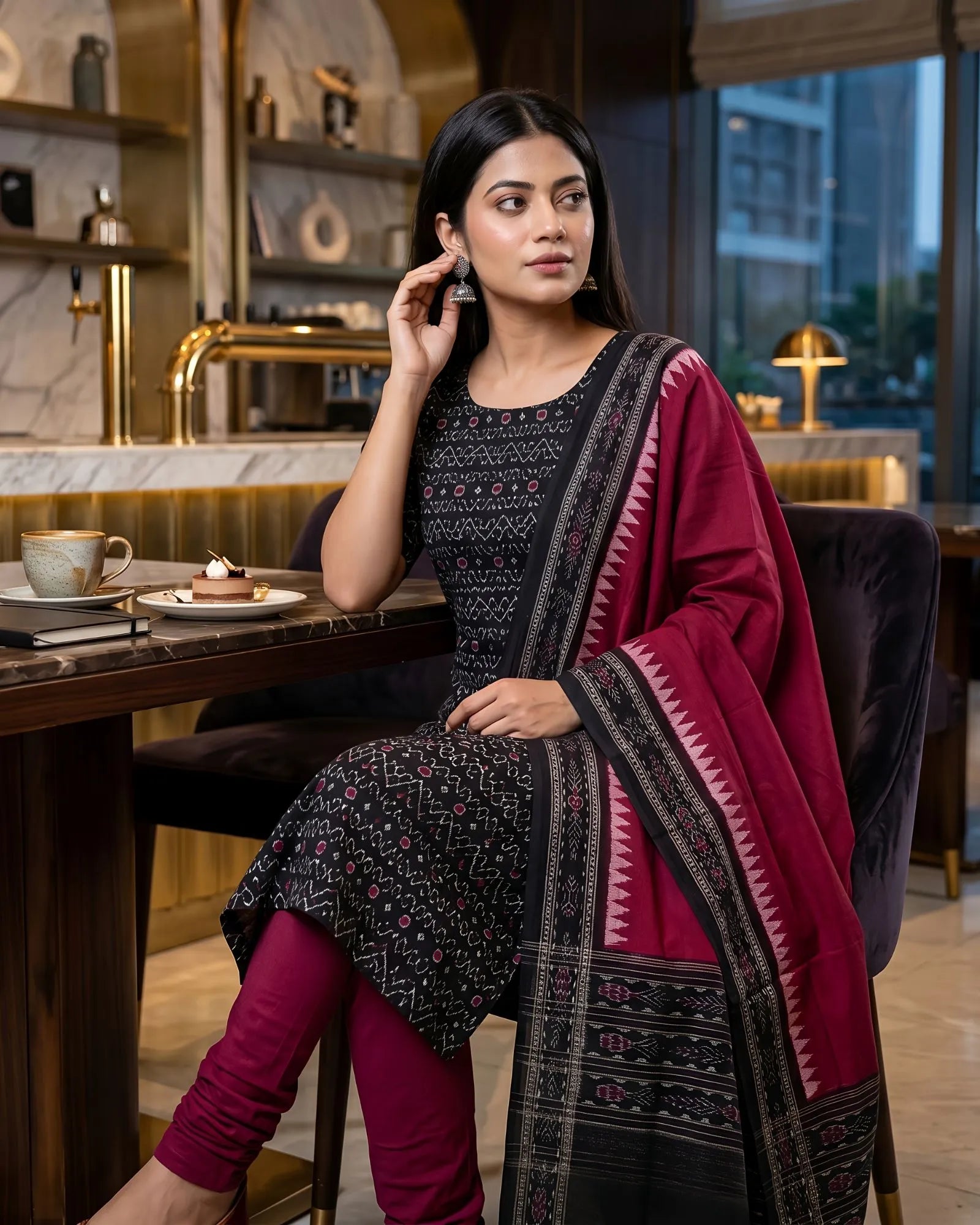 Sambalpuri Pure Cotton | Unstitched Dress Set (3 Pieces) - Black and Red